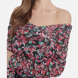 Guess "Florencia" Floral Ruched Mesh Red Black Off Shoulder Top Shirt Size Large